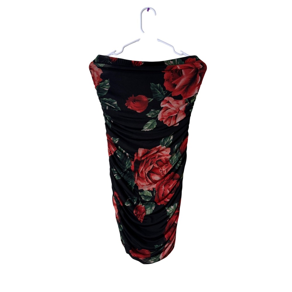 Iris Womens Strapless Bodycon Mini Dress Black Red‎ Rose Floral Mesh Size M